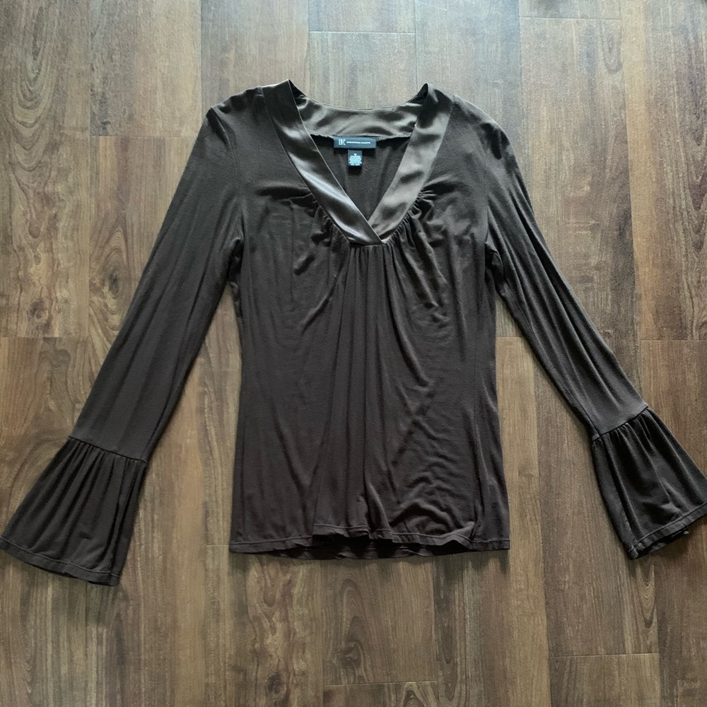 INC International Concepts Brown Top With Bell Sleeve Blouse Size Medium